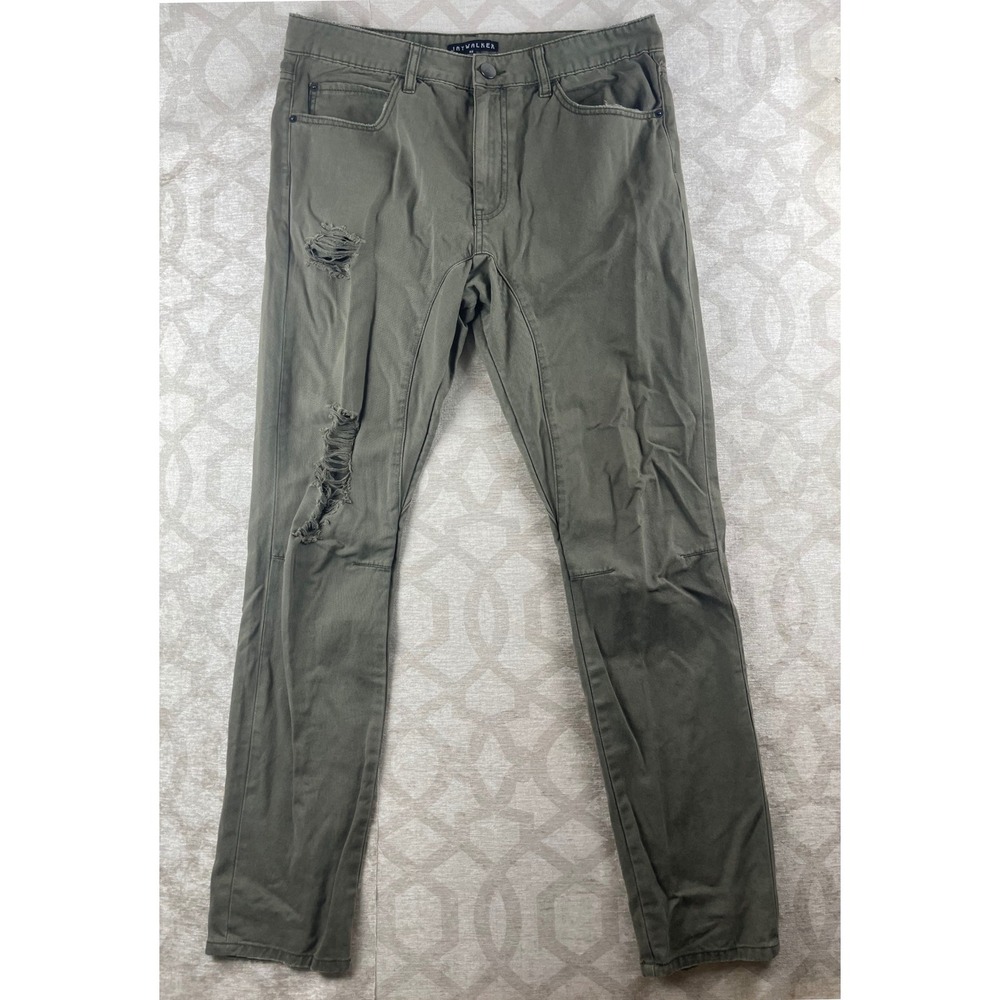 Jaywalker Distressed Chino Pants Mens 32 Olive Green Ripped Drop Crotch Slim